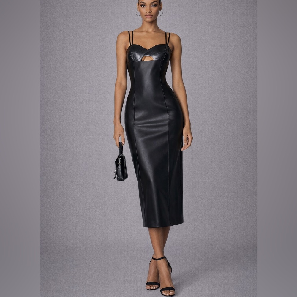 RTA Uma‎ cut out midi long Faux Leather Dress Spaghetti Strap black size small